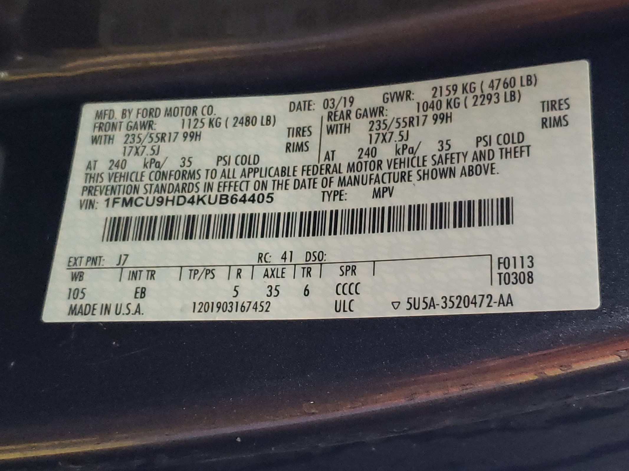 1FMCU9HD4KUB64405 2019 Ford Escape Sel