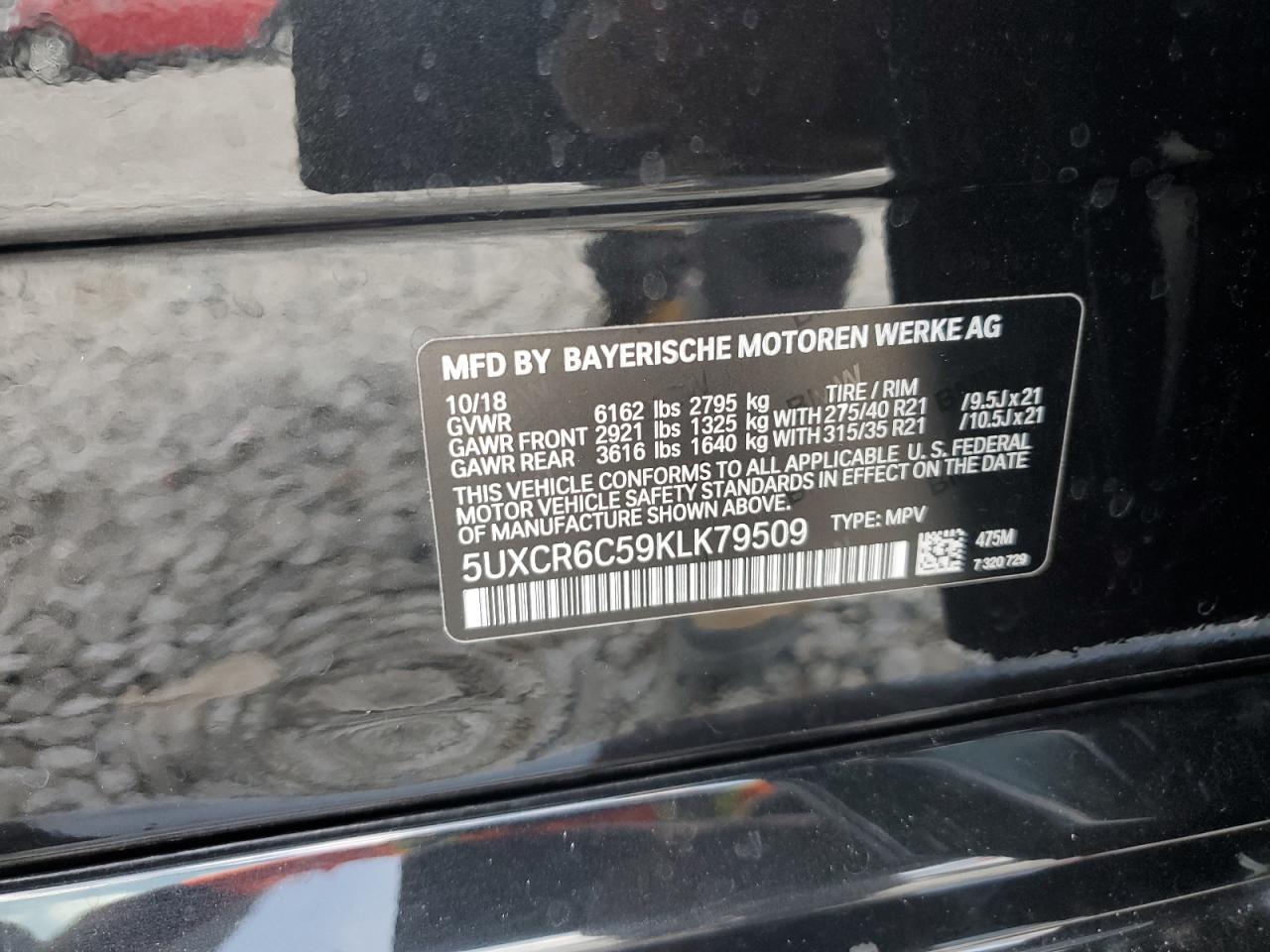 2019 BMW X5 xDrive40I VIN: 5UXCR6C59KLK79509 Lot: 65356594