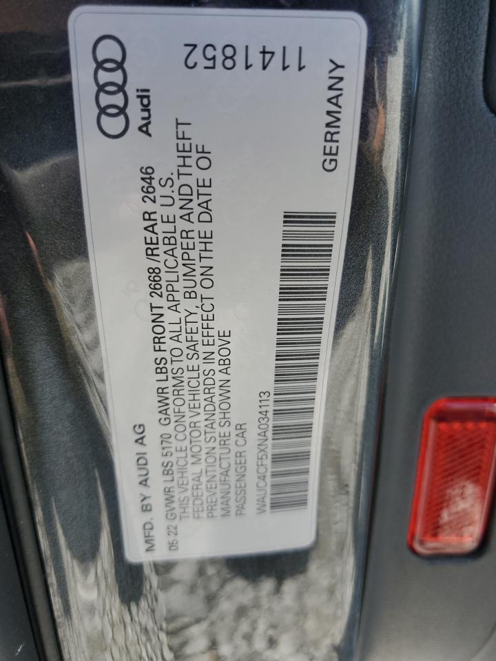 WAUC4CF5XNA034113 2022 Audi S5 Premium Plus