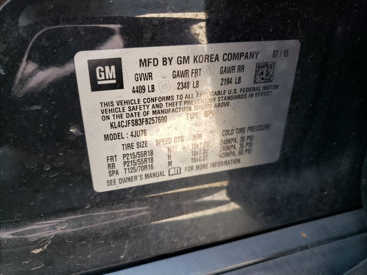 KL4CJFSB3FB257690 2015 Buick Encore Convenience