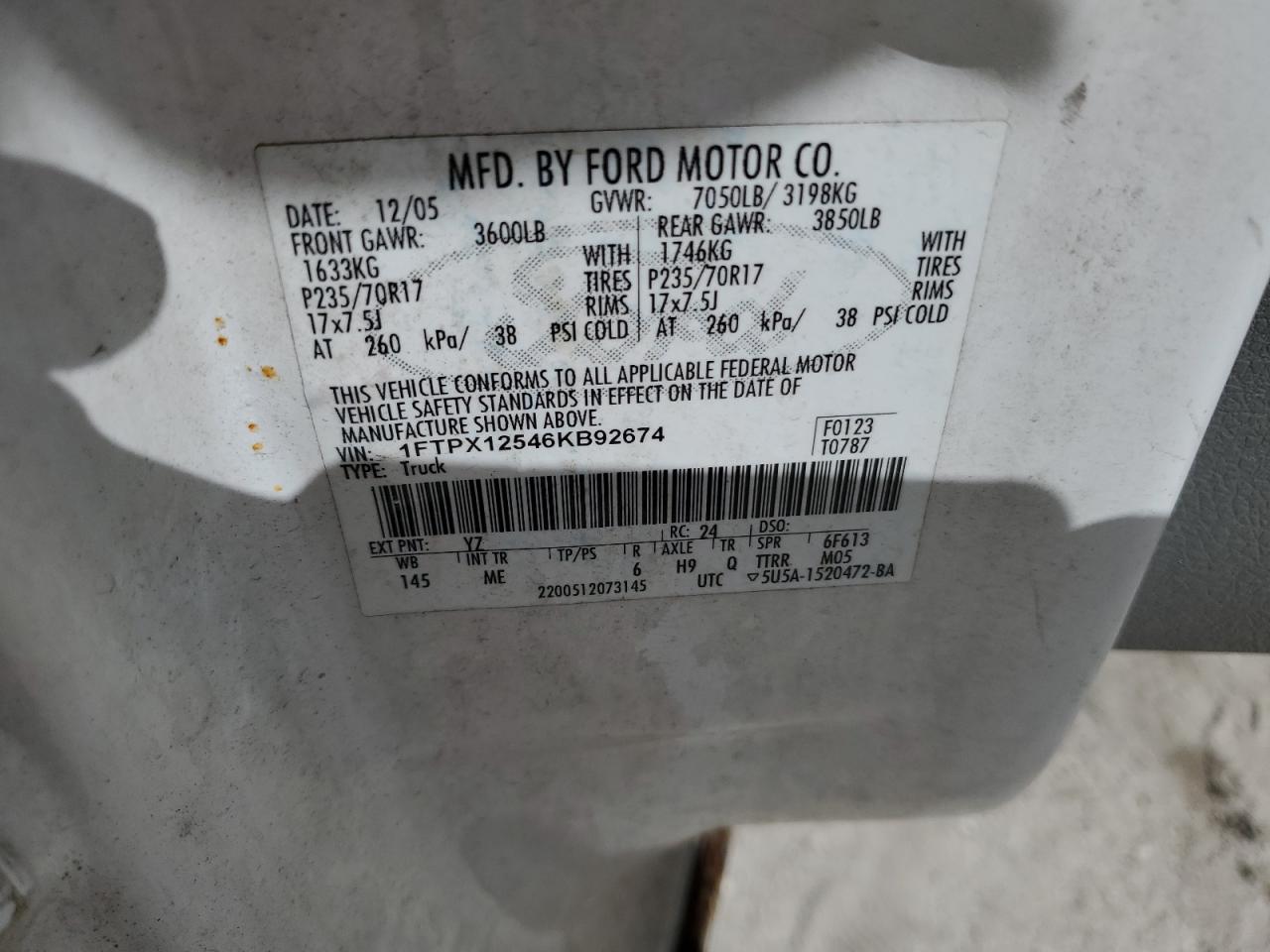 2006 Ford F150 VIN: 1FTPX12546KB92674 Lot: 63913934