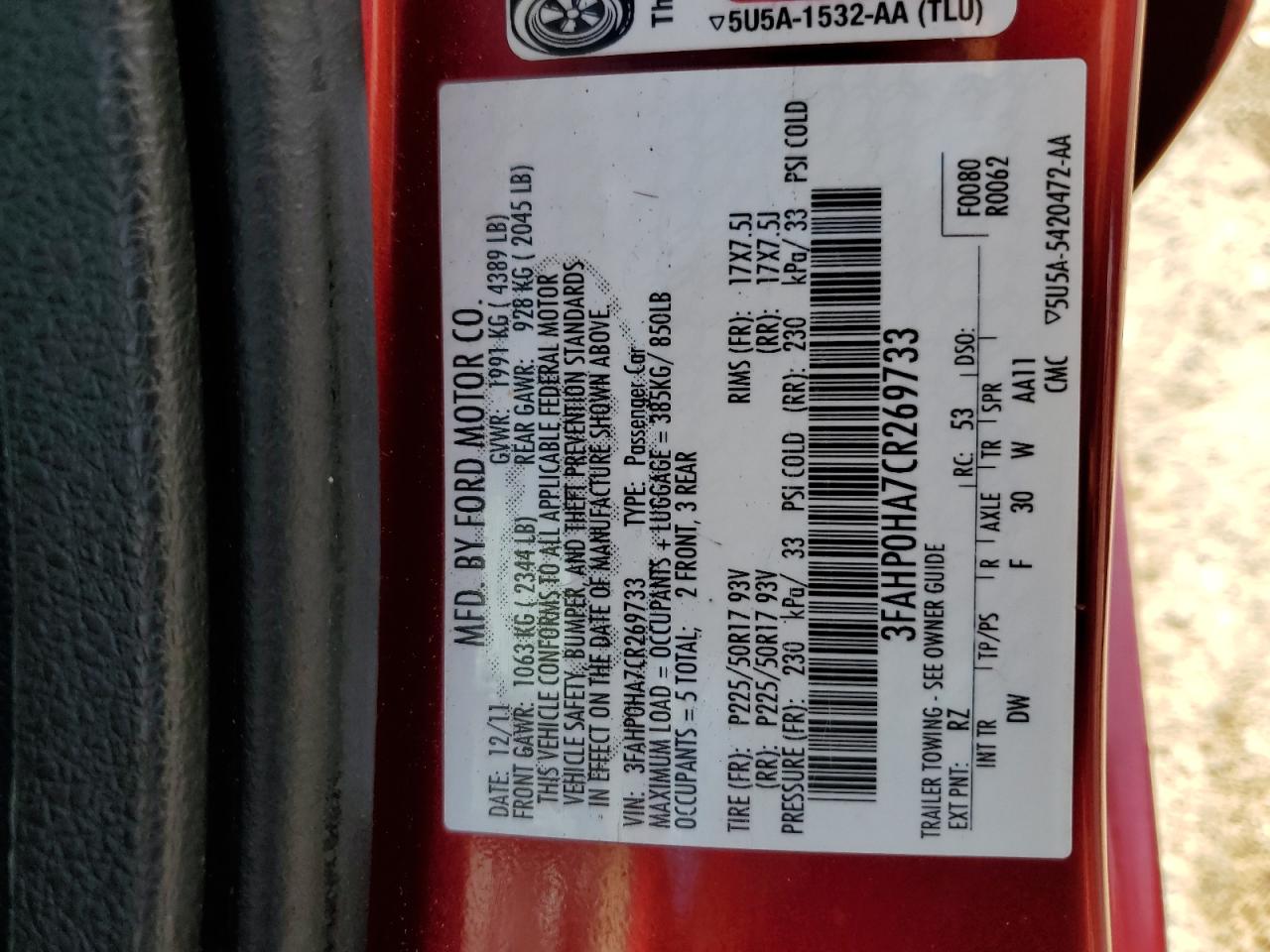 2012 Ford Fusion Se VIN: 3FAHP0HA7CR269733 Lot: 63630844