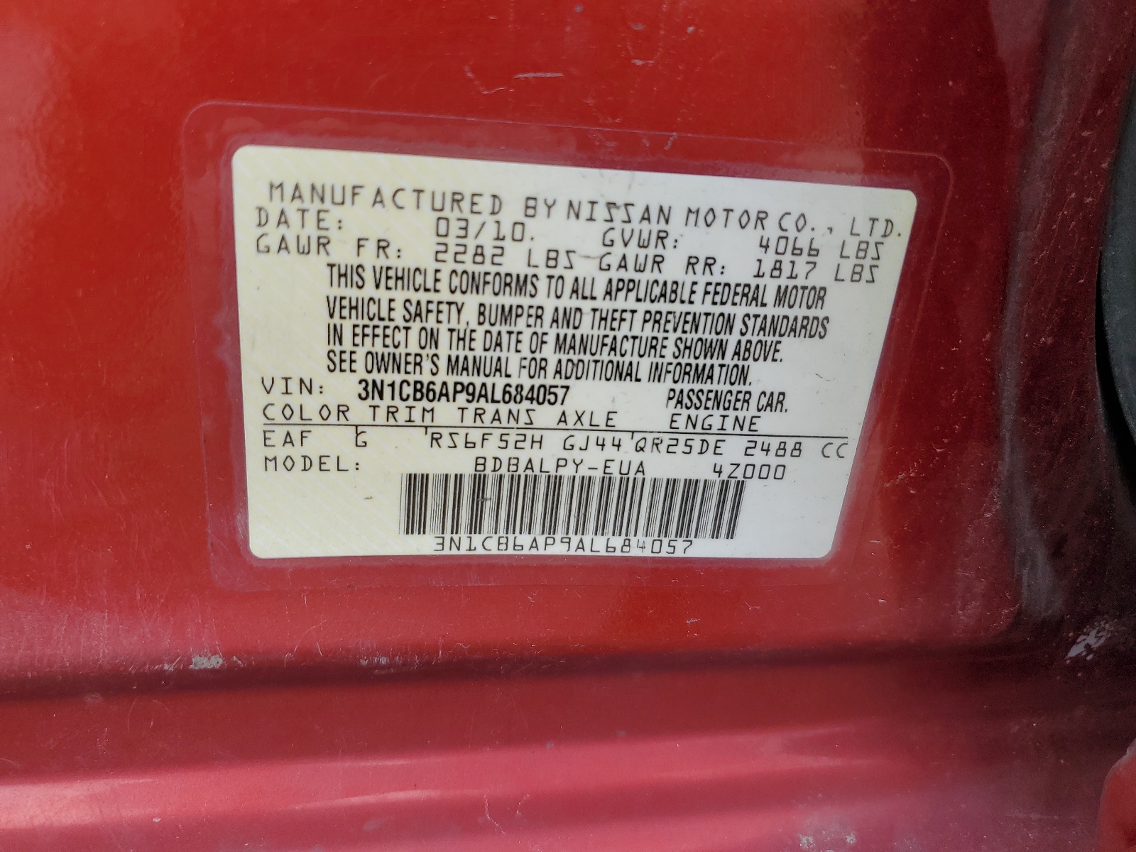 3N1CB6AP9AL684057 2010 Nissan Sentra Se-R Spec V