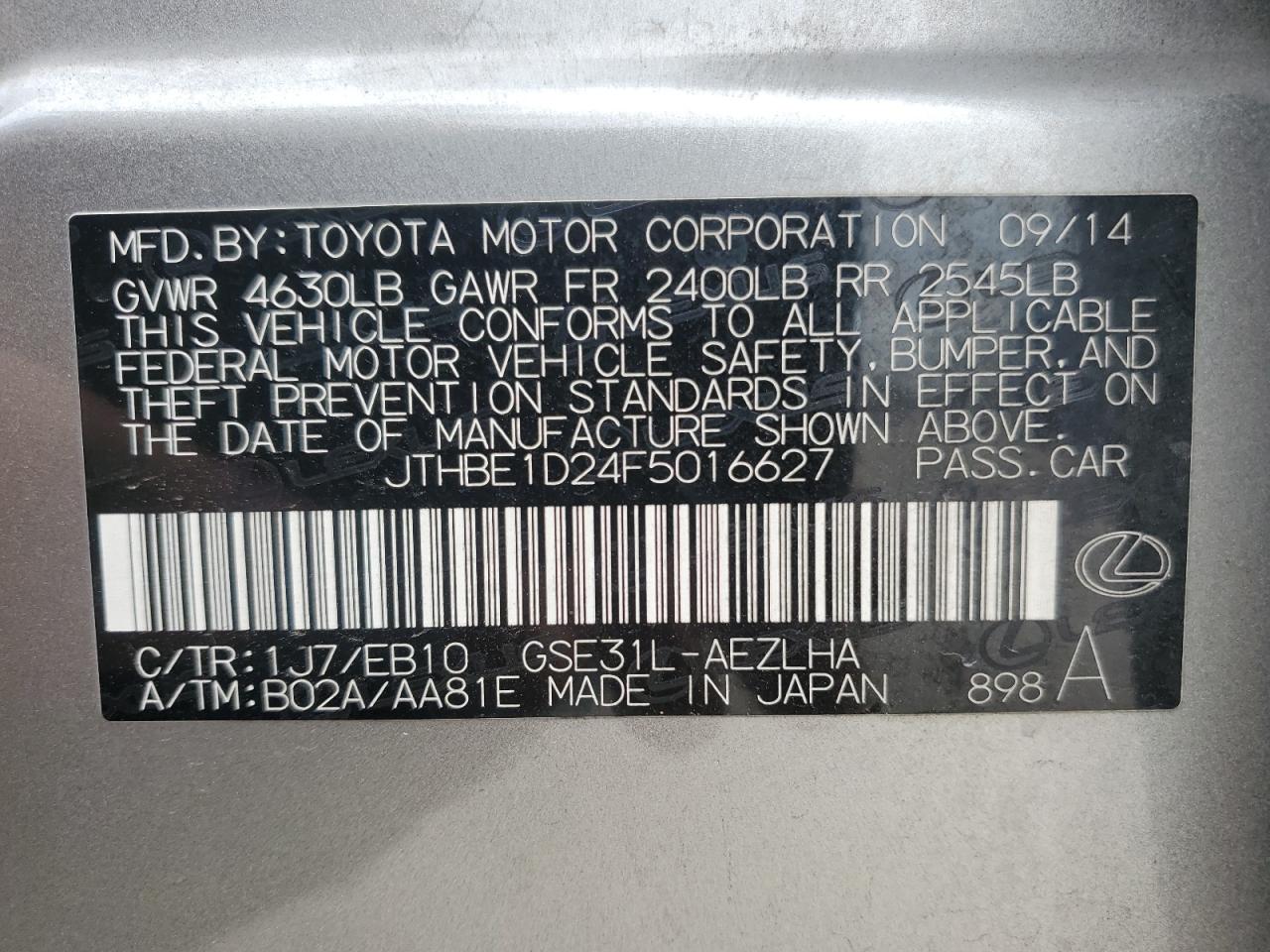 2015 Lexus Is 350 VIN: JTHBE1D24F5016627 Lot: 65048534