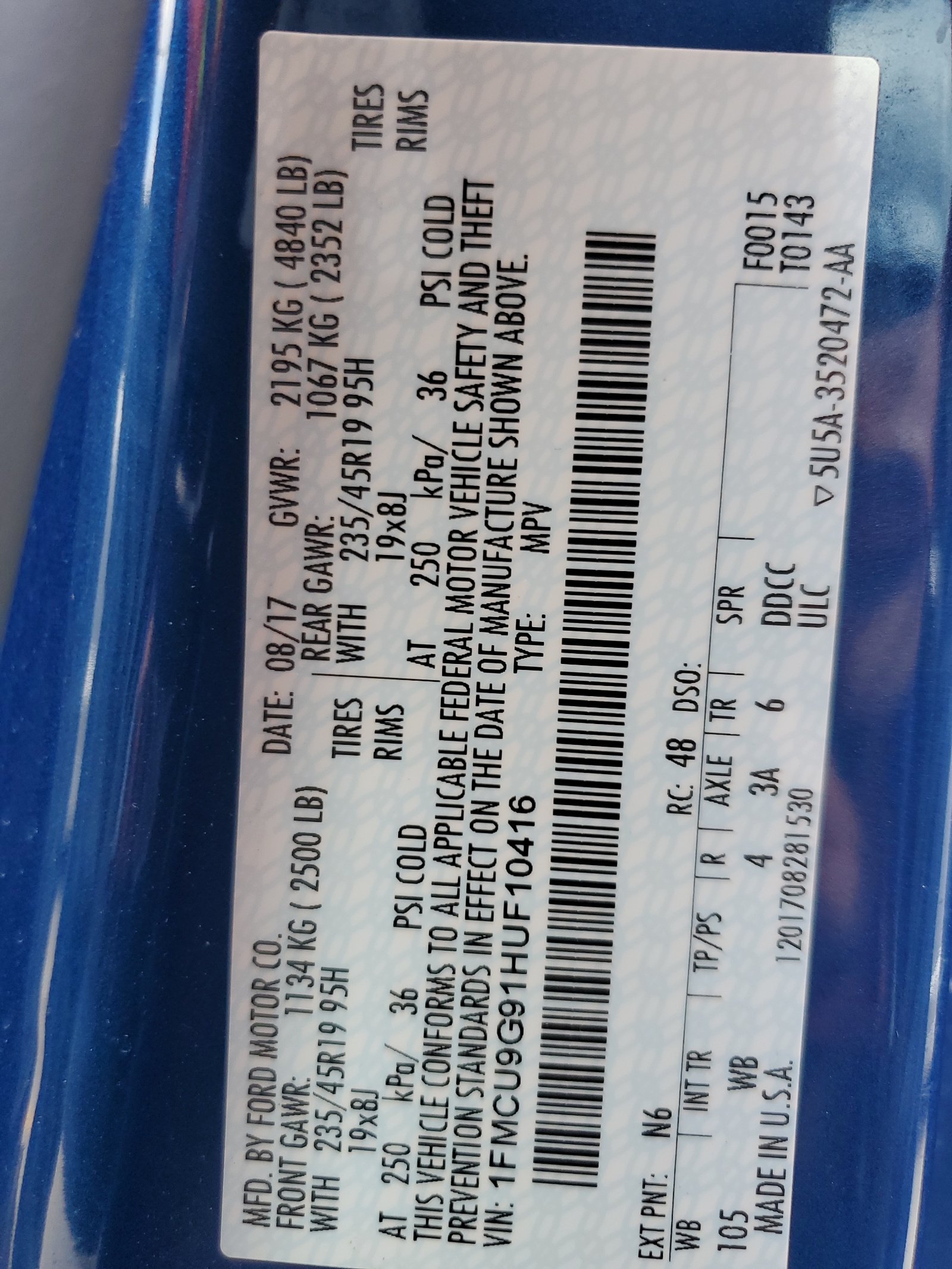 1FMCU9G91HUF10416 2017 Ford Escape Se