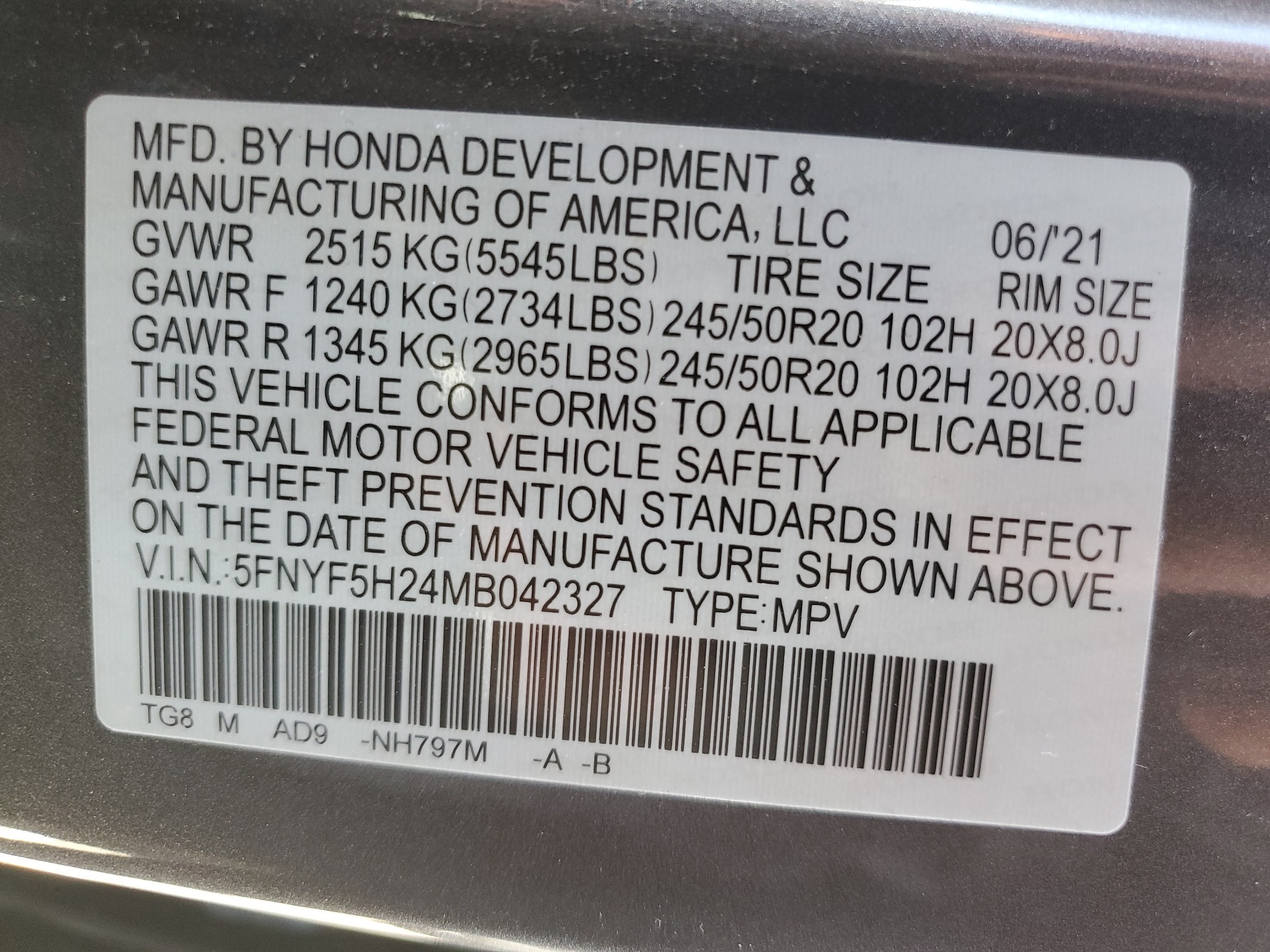 5FNYF5H24MB042327 2021 Honda Pilot Se