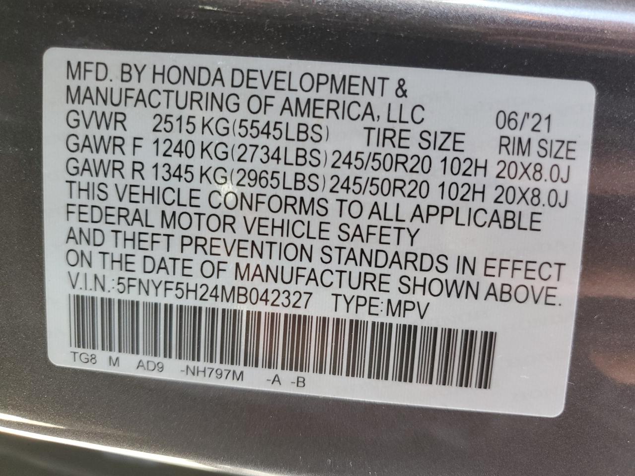 2021 Honda Pilot Se VIN: 5FNYF5H24MB042327 Lot: 65616204