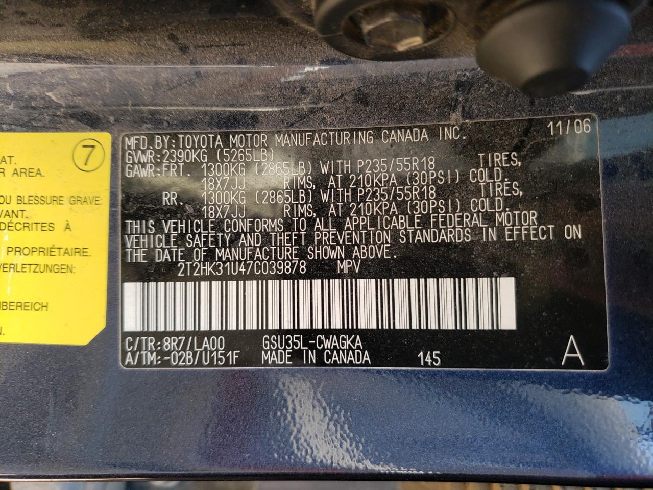 2007 Lexus Rx 350 VIN: 2T2HK31U47C039878 Lot: 56276564