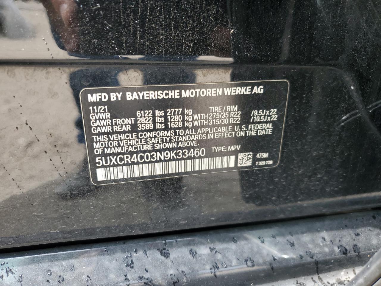 2022 BMW X5 Sdrive 40I VIN: 5UXCR4C03N9K33460 Lot: 64082554