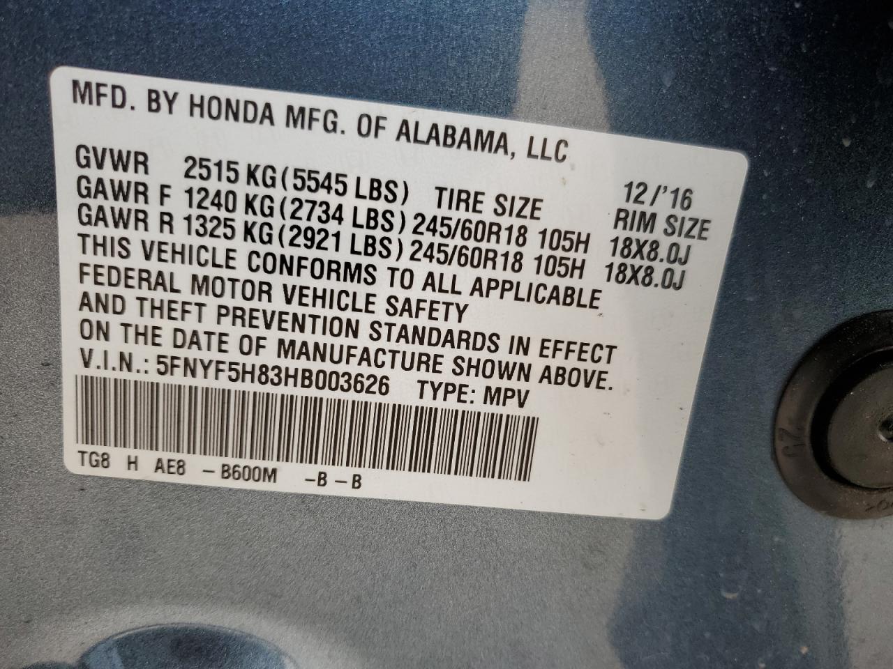 2017 Honda Pilot Exl VIN: 5FNYF5H83HB003626 Lot: 64259504