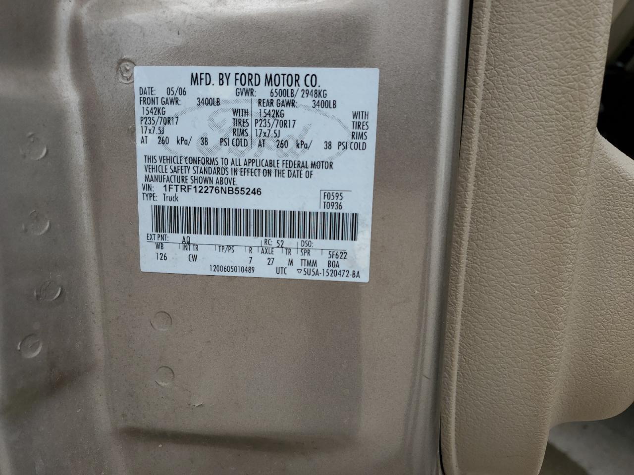 2006 Ford F150 VIN: 1FTRF12276NB55246 Lot: 62034394