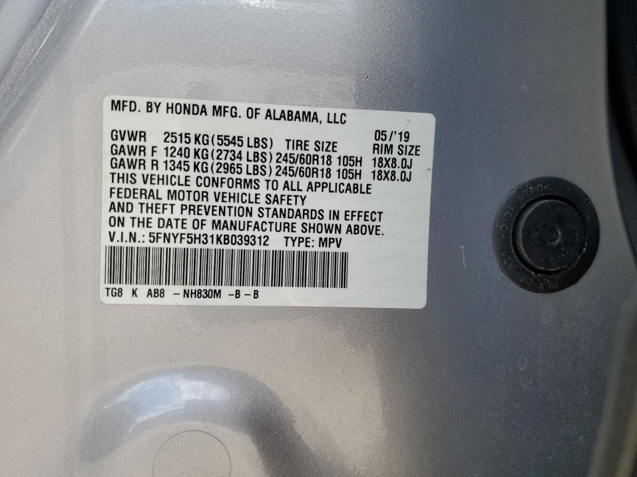 2019 Honda Pilot Ex VIN: 5FNYF5H31KB039312 Lot: 62971524