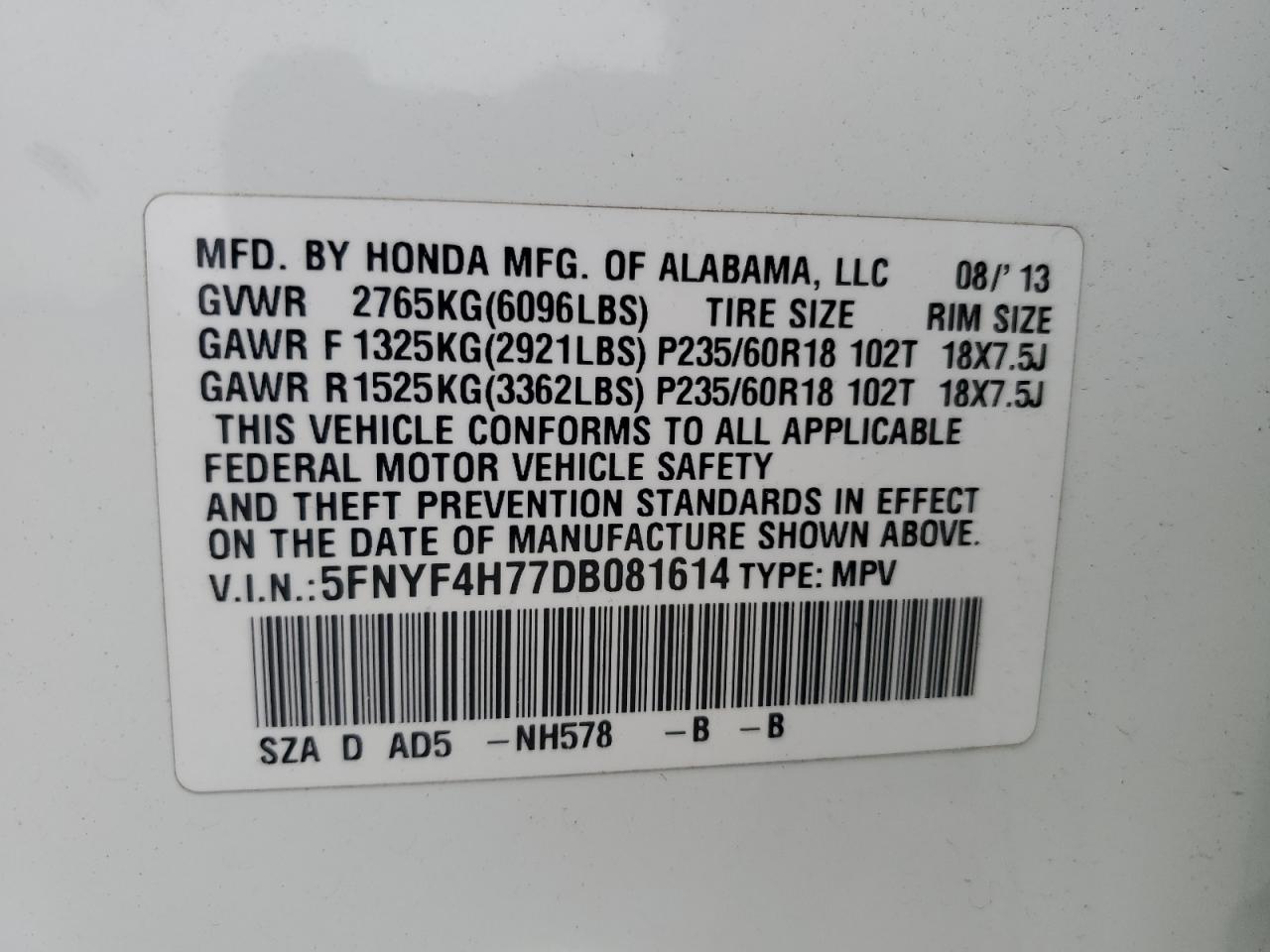 2013 Honda Pilot Exln VIN: 5FNYF4H77DB081614 Lot: 64675994