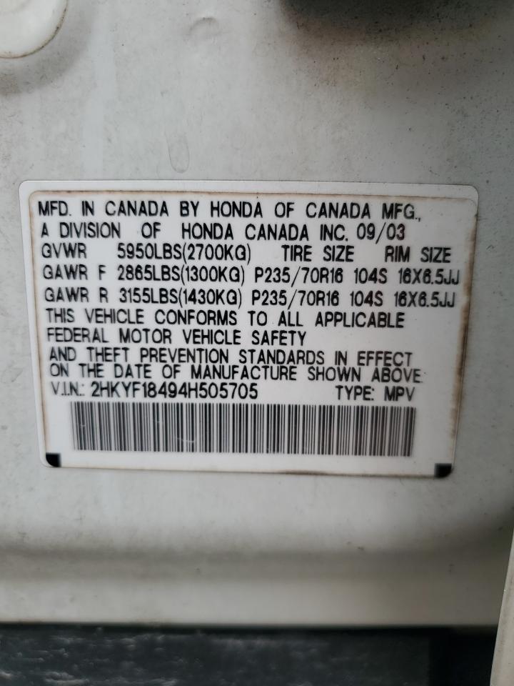 2004 Honda Pilot Ex VIN: 2HKYF18494H505705 Lot: 64750164