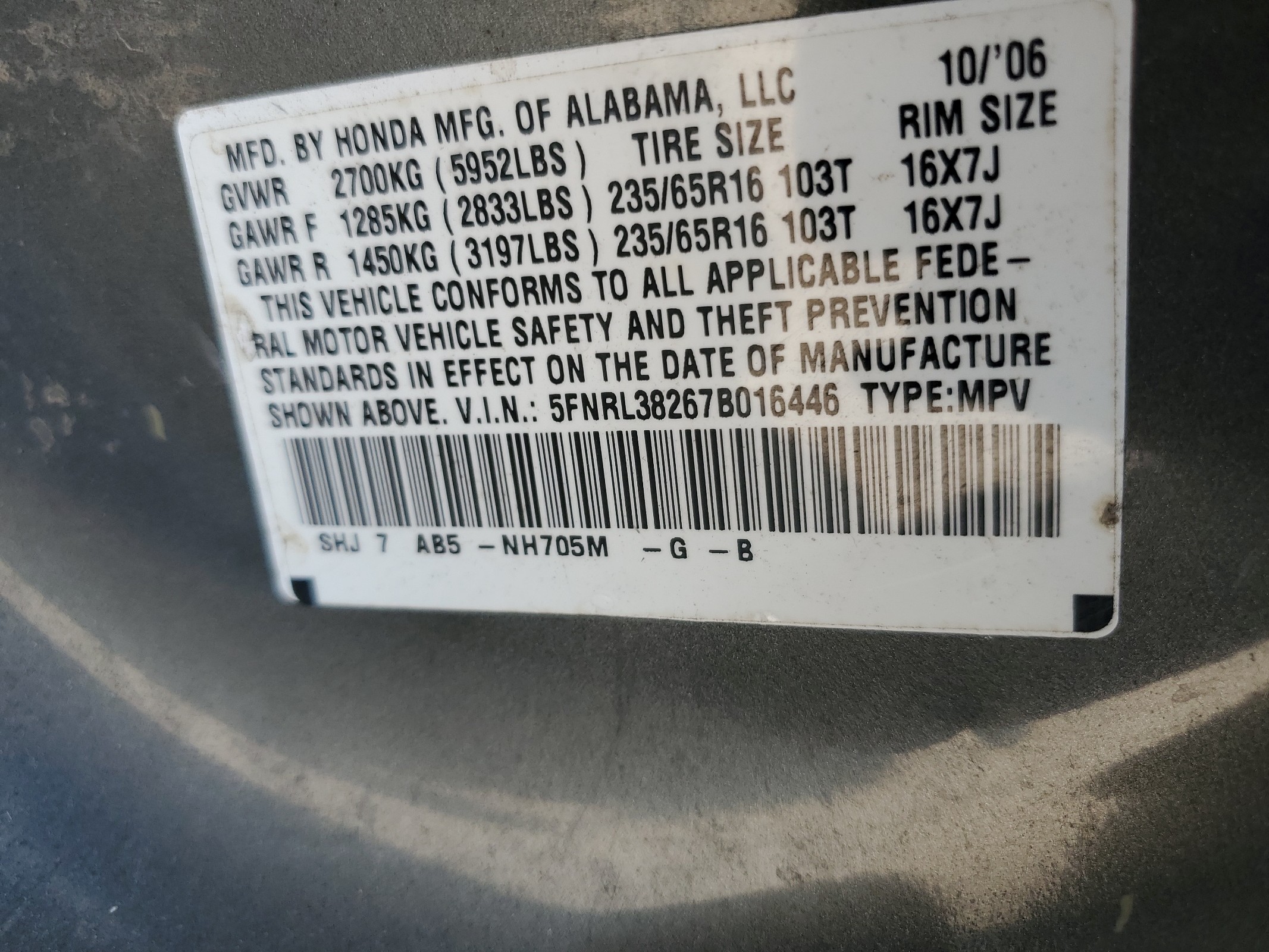 5FNRL38267B016446 2007 Honda Odyssey Lx