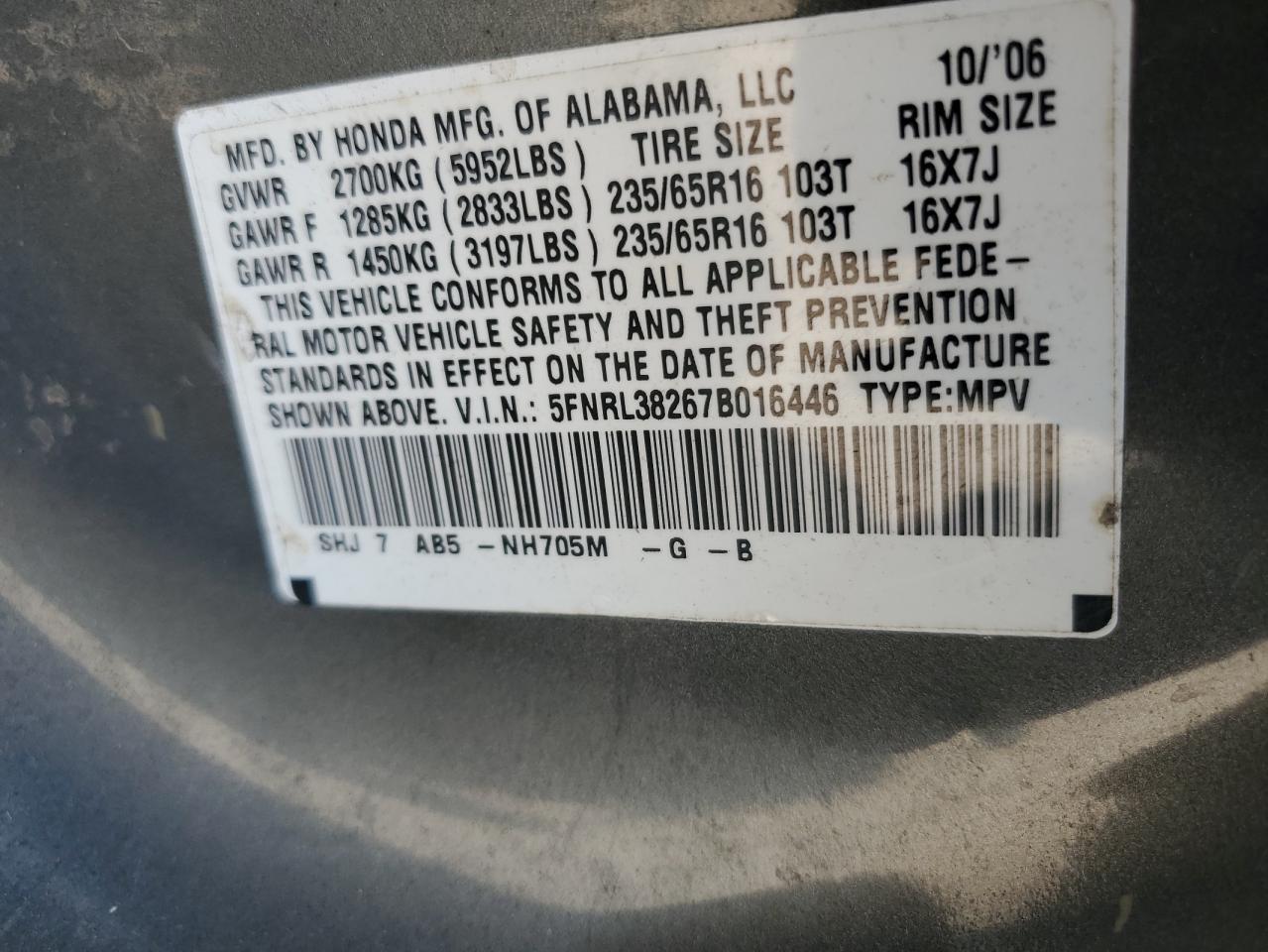 2007 Honda Odyssey Lx VIN: 5FNRL38267B016446 Lot: 61873814