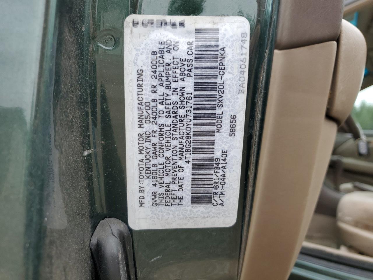 2000 Toyota Camry Ce VIN: 4T1BG28K0YU731761 Lot: 63303894