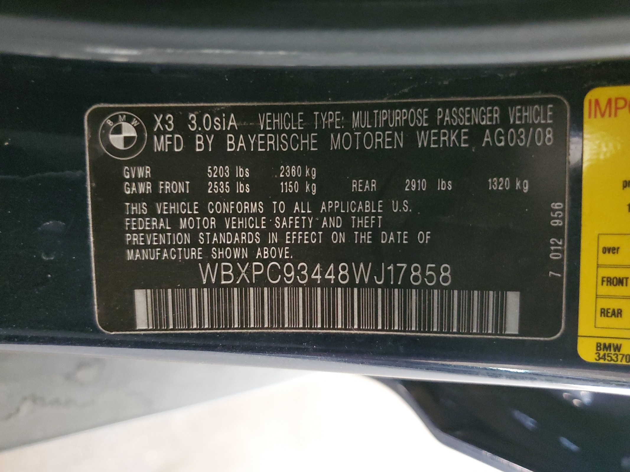 WBXPC93448WJ17858 2008 BMW X3 3.0Si