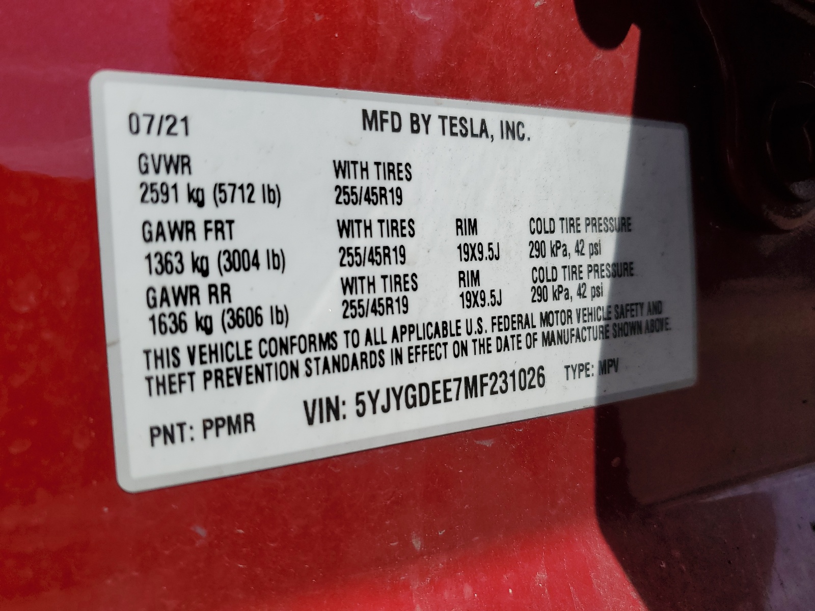 5YJYGDEE7MF231026 2021 Tesla Model Y