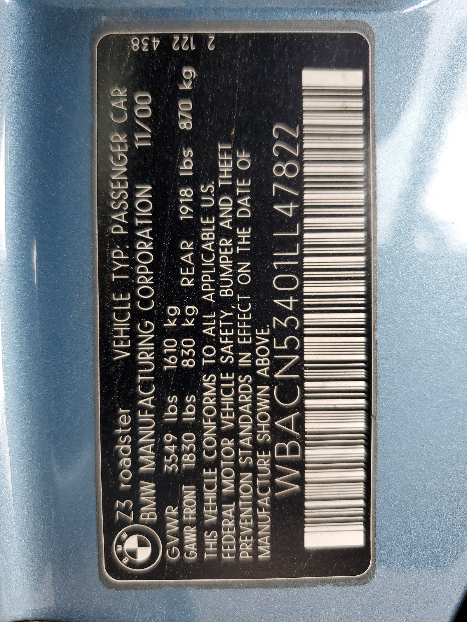 WBACN53401LL47822 2001 BMW Z3 3.0