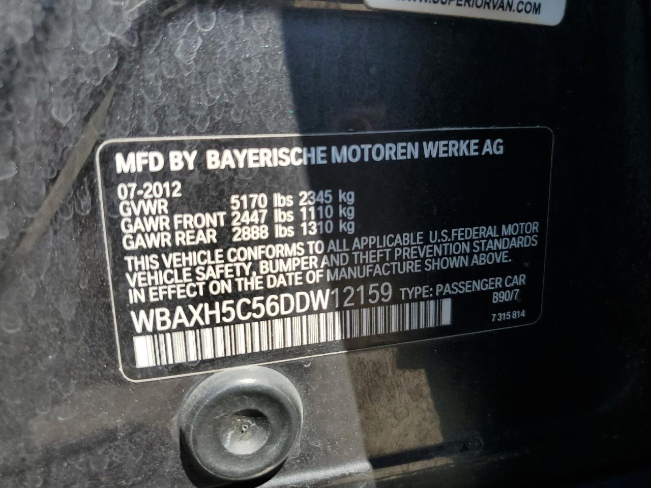 2013 BMW 528 Xi VIN: WBAXH5C56DDW12159 Lot: 63268904