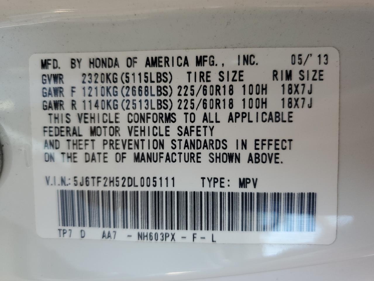 2013 Honda Crosstour Exl VIN: 5J6TF2H52DL005111 Lot: 63120734