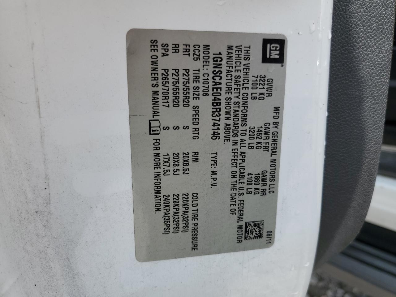 2011 Chevrolet Tahoe C1500 Ls VIN: 1GNSCAE04BR374146 Lot: 64350914