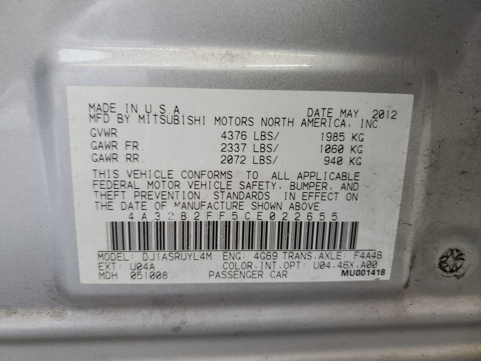 4A32B2FF5CE022655 2012 Mitsubishi Galant Fe