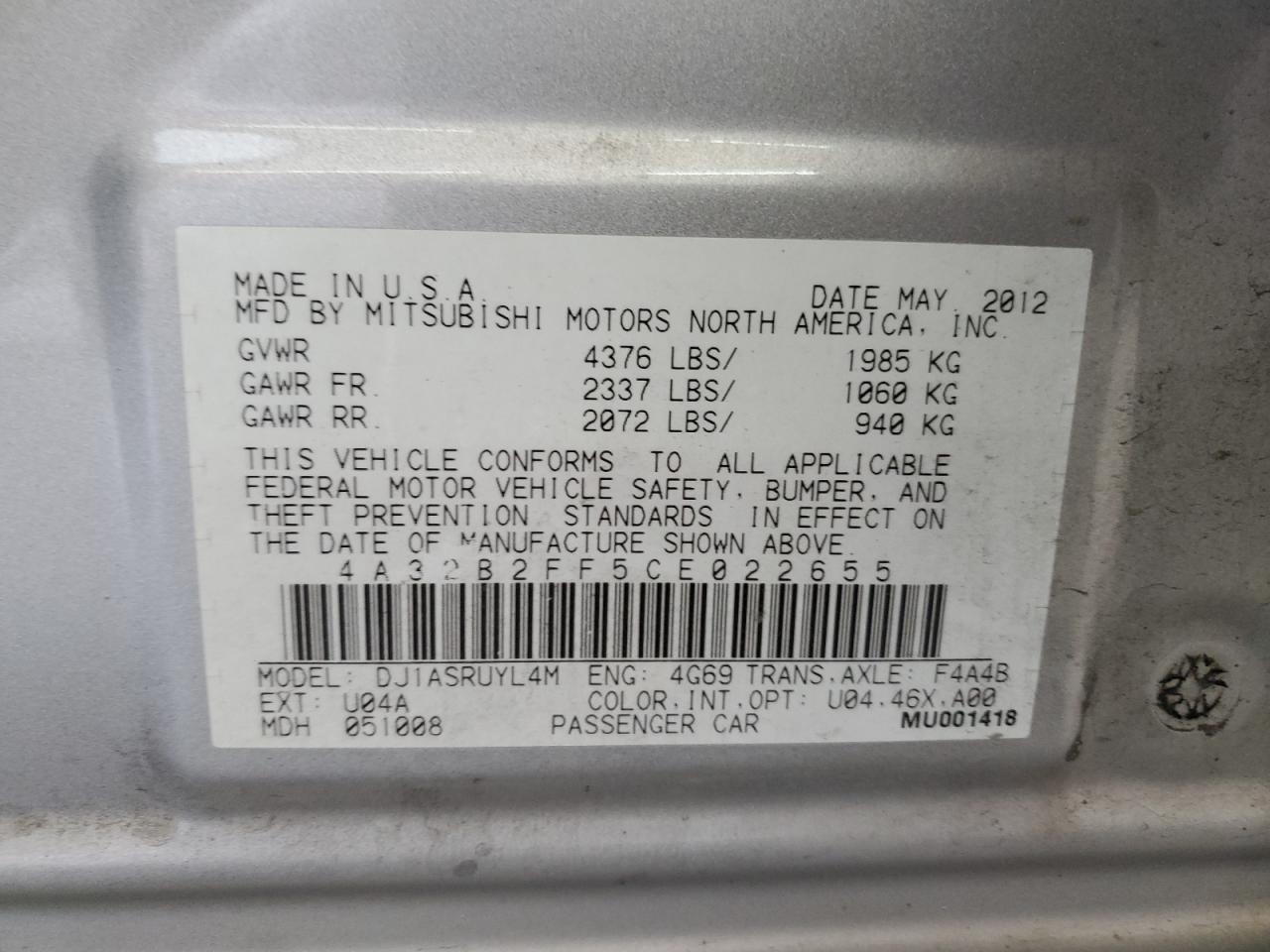 2012 Mitsubishi Galant Fe VIN: 4A32B2FF5CE022655 Lot: 62952724