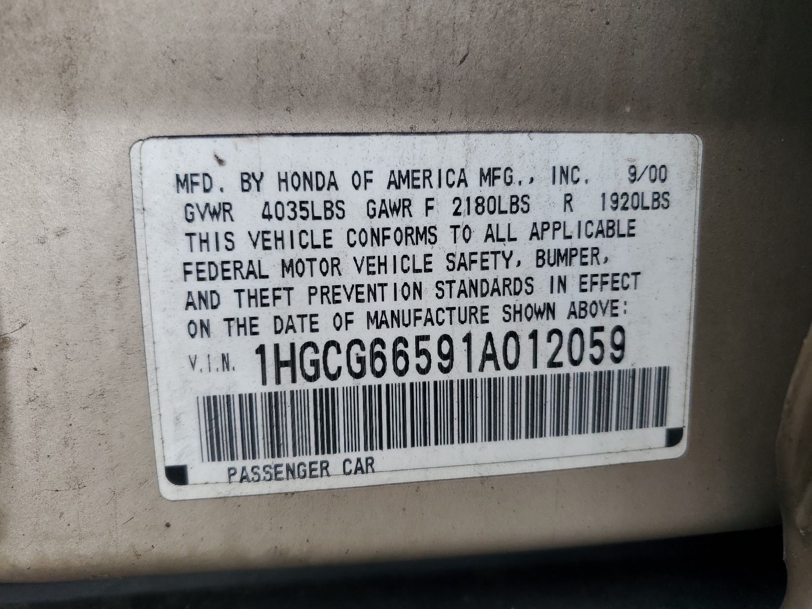 1HGCG66591A012059 2001 Honda Accord Lx