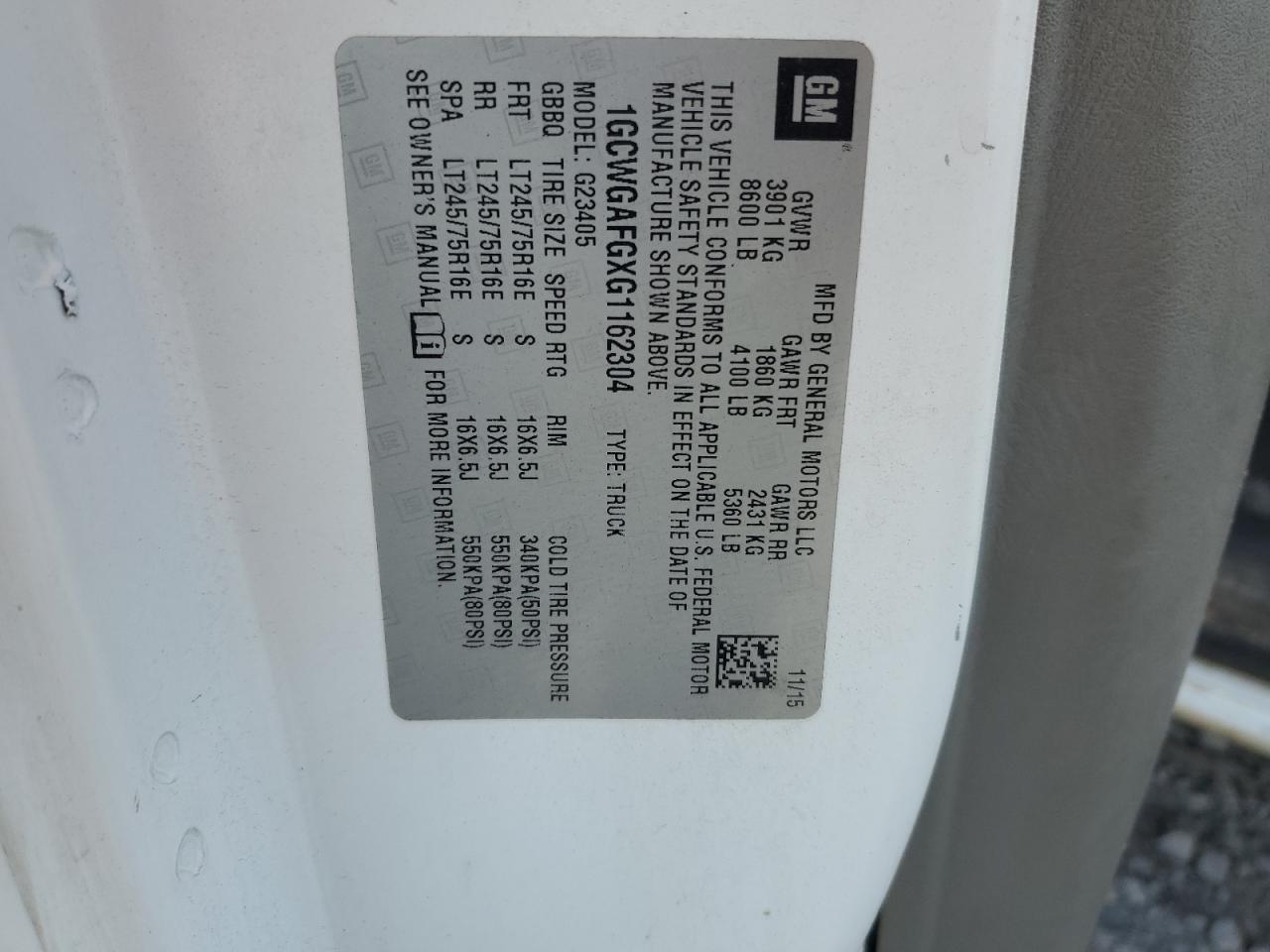 2016 Chevrolet Express G2500 VIN: 1GCWGAFGXG1162304 Lot: 65344854