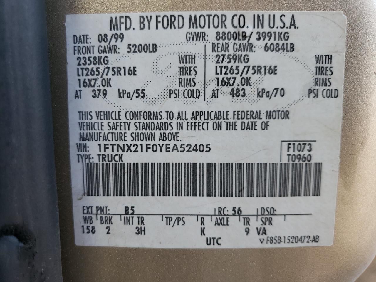 1FTNX21F0YEA52405 2000 Ford F250 Super Duty