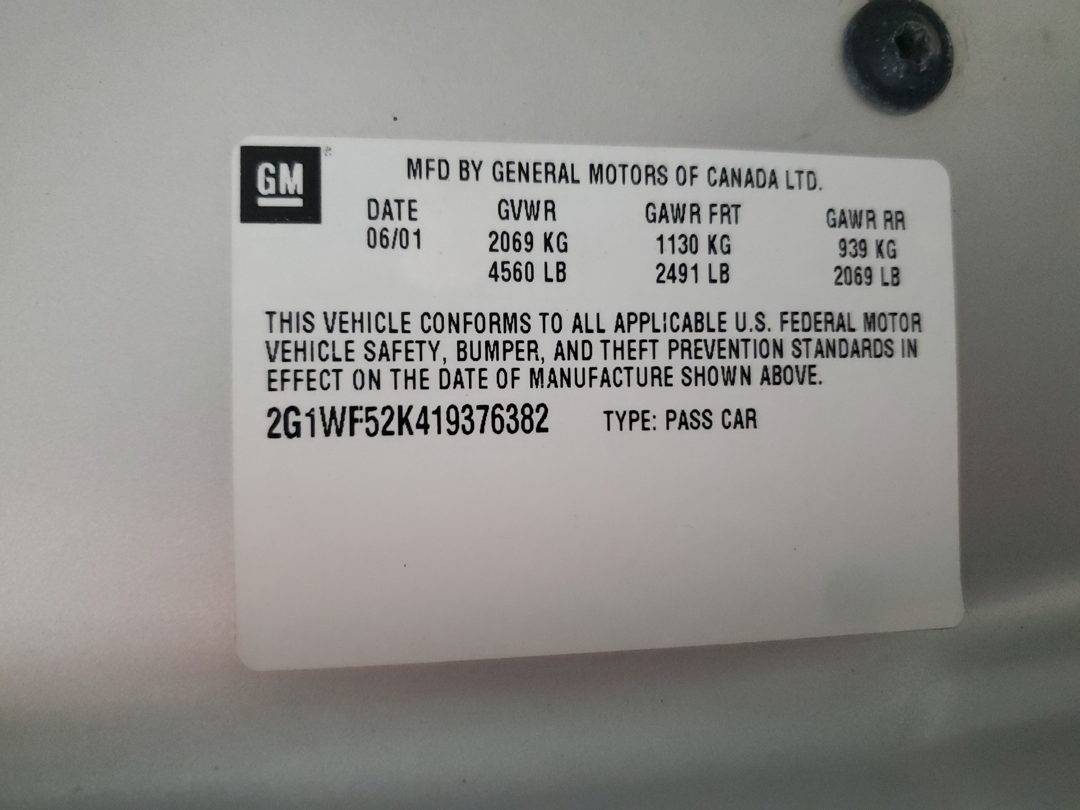 2G1WF52K419376382 2001 Chevrolet Impala