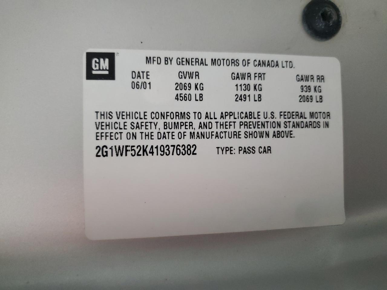 2001 Chevrolet Impala VIN: 2G1WF52K419376382 Lot: 63767474