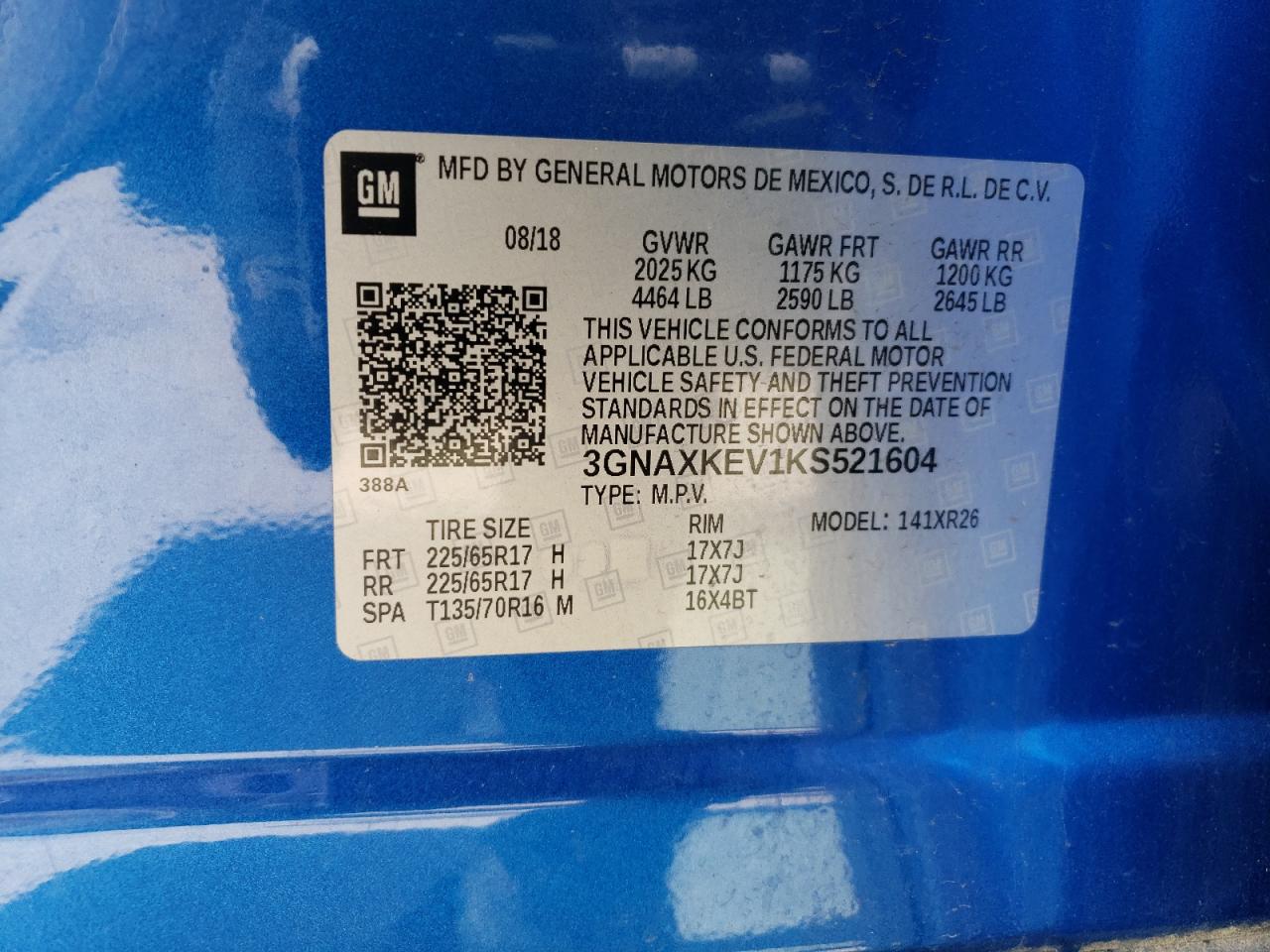 2019 Chevrolet Equinox Lt VIN: 3GNAXKEV1KS521604 Lot: 62858574