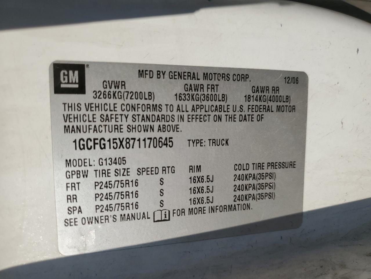 2007 Chevrolet Express G1500 VIN: 1GCFG15X871170645 Lot: 65404904