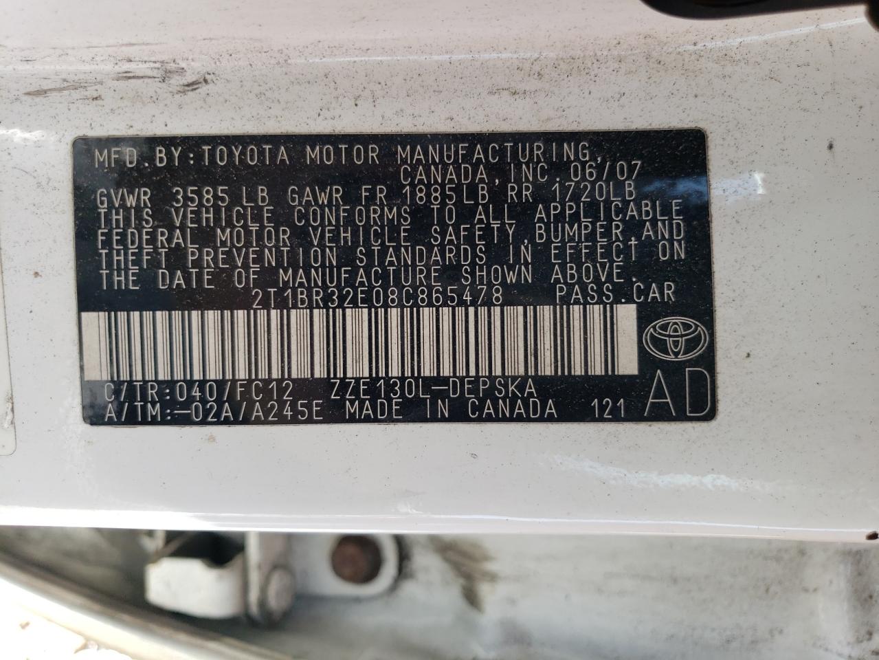 2008 Toyota Corolla Ce VIN: 2T1BR32E08C865478 Lot: 62016434