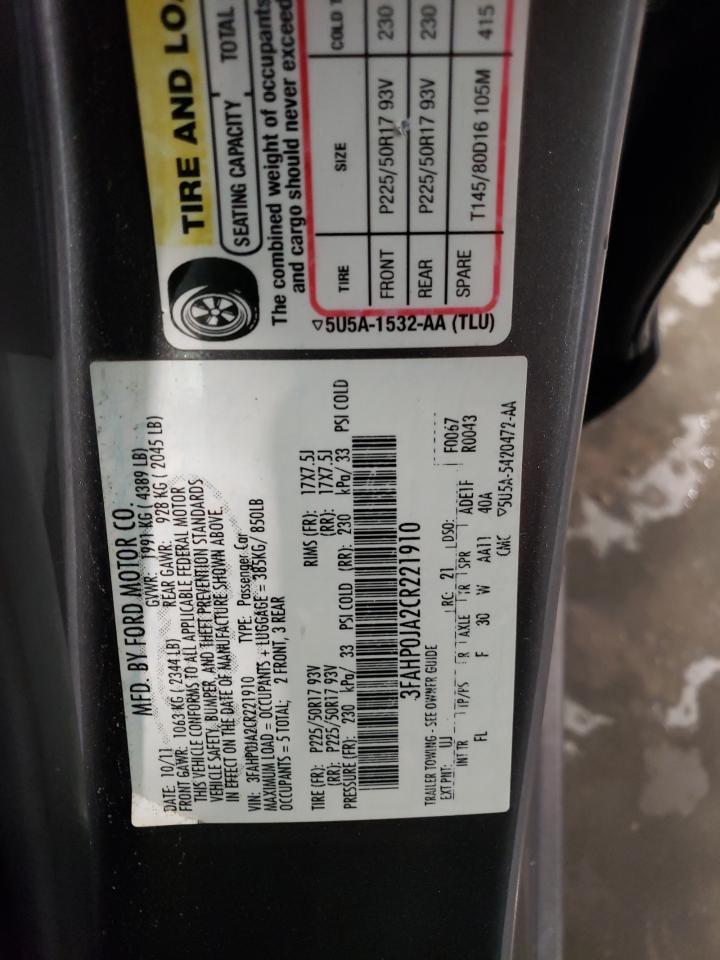 2012 Ford Fusion Sel VIN: 3FAHP0JA2CR221910 Lot: 60886194