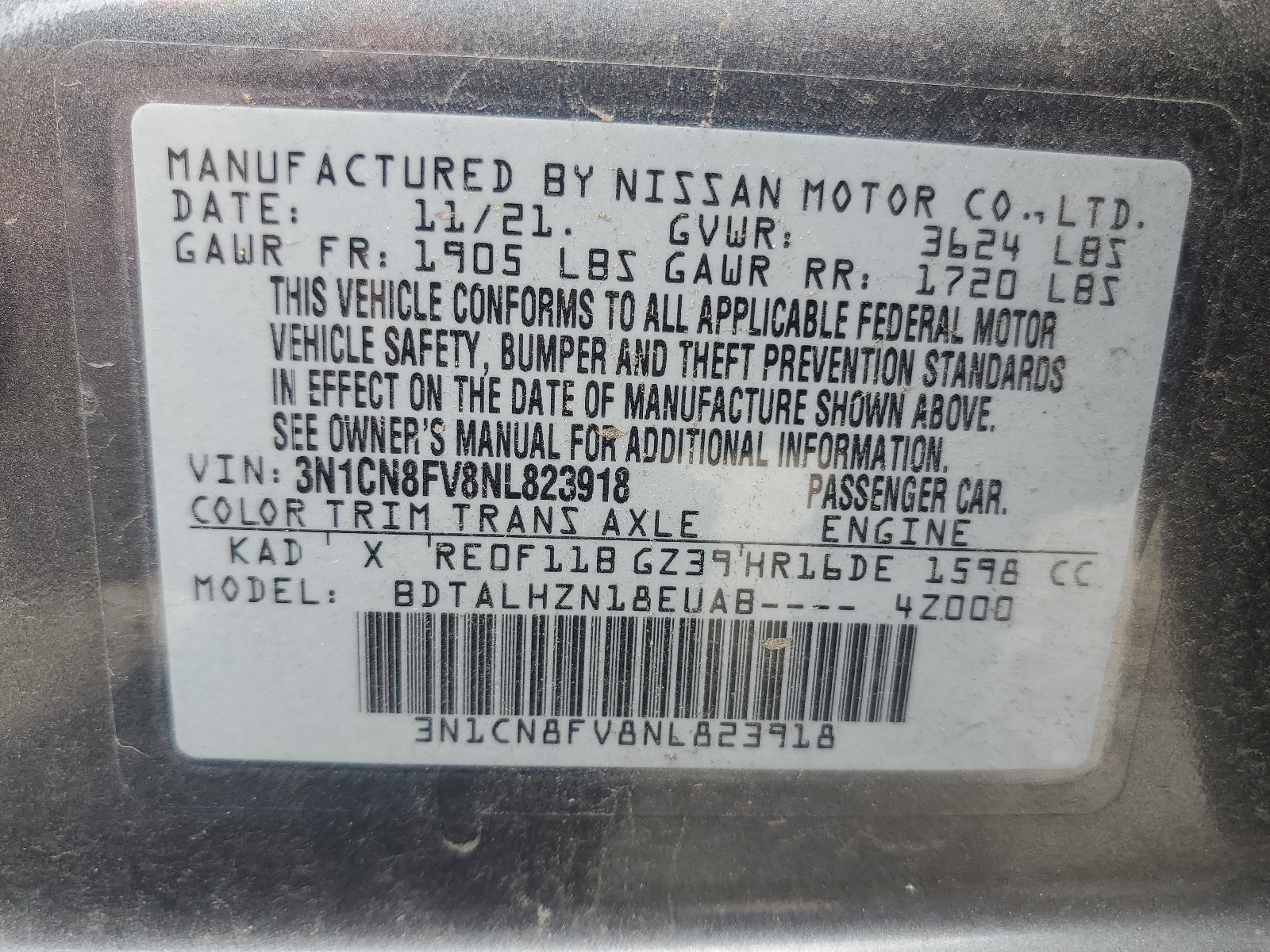 3N1CN8FV8NL823918 2022 Nissan Versa Sr