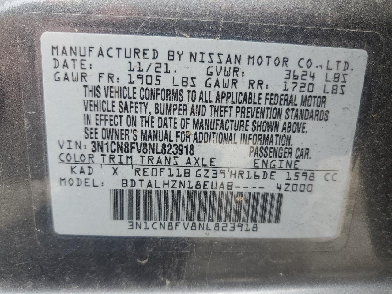 2022 Nissan Versa Sr VIN: 3N1CN8FV8NL823918 Lot: 64990994