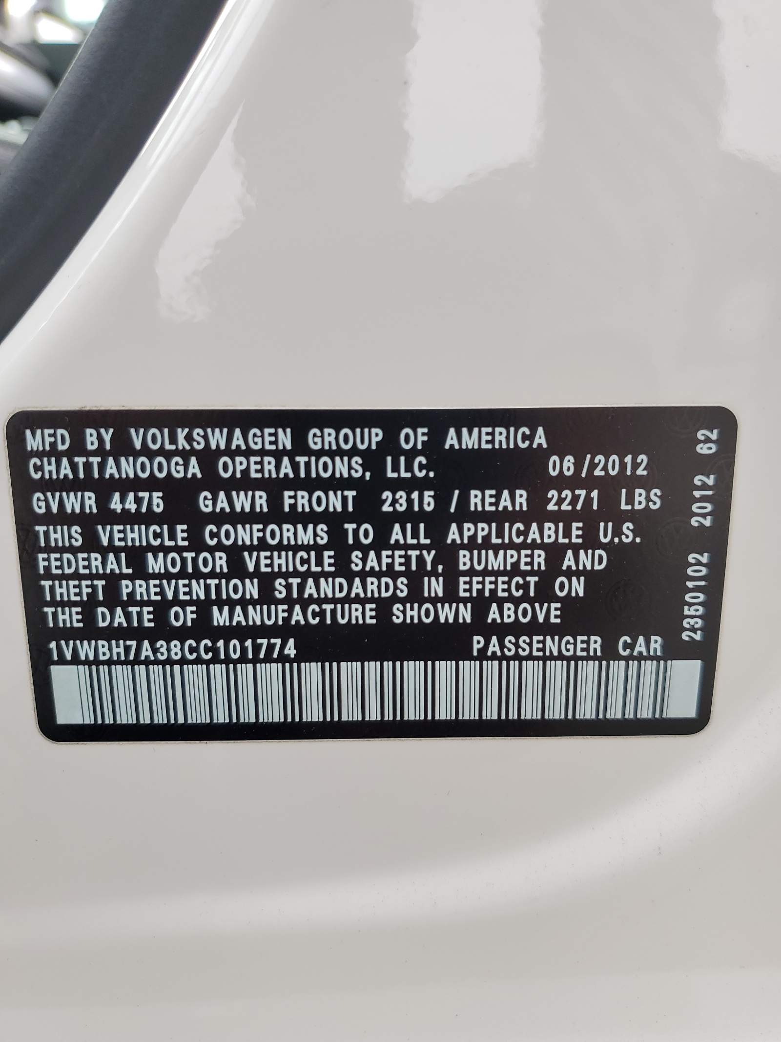 1VWBH7A38CC101774 2012 Volkswagen Passat Se