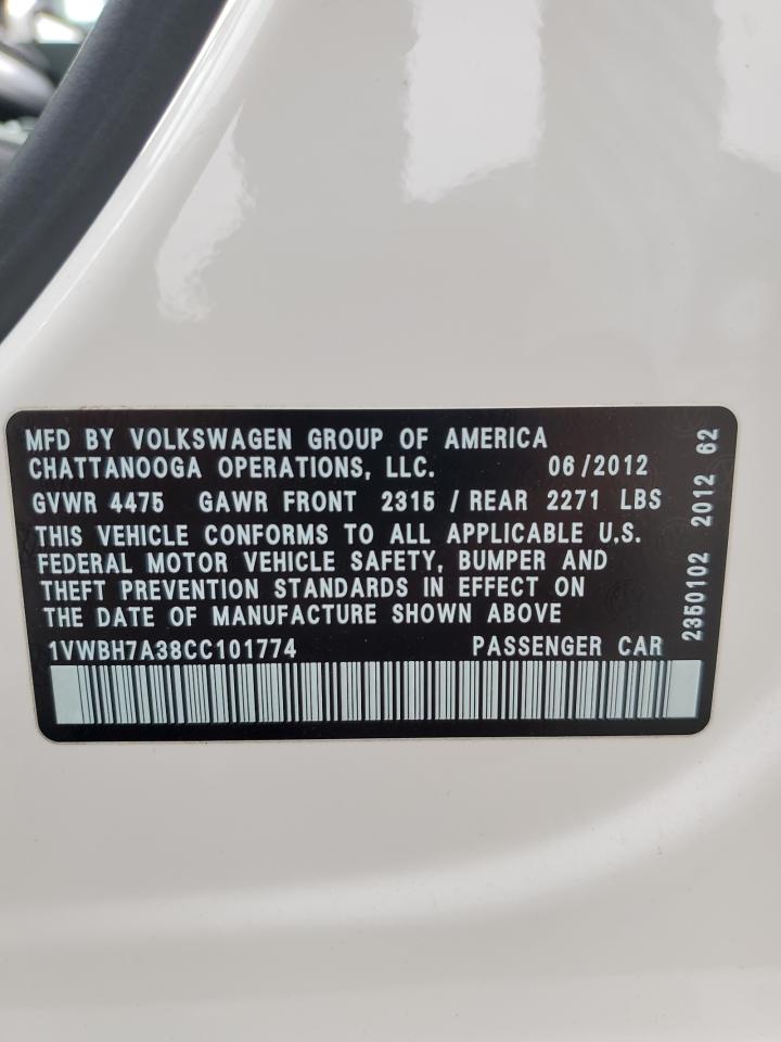 2012 Volkswagen Passat Se VIN: 1VWBH7A38CC101774 Lot: 64168324