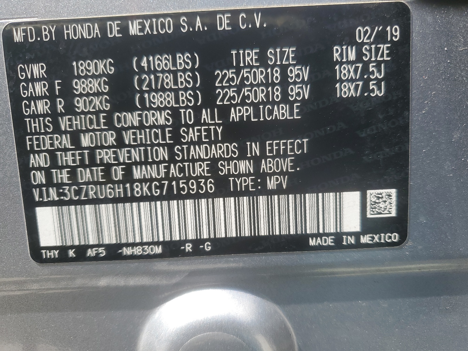 3CZRU6H18KG715936 2019 Honda Hr-V Sport