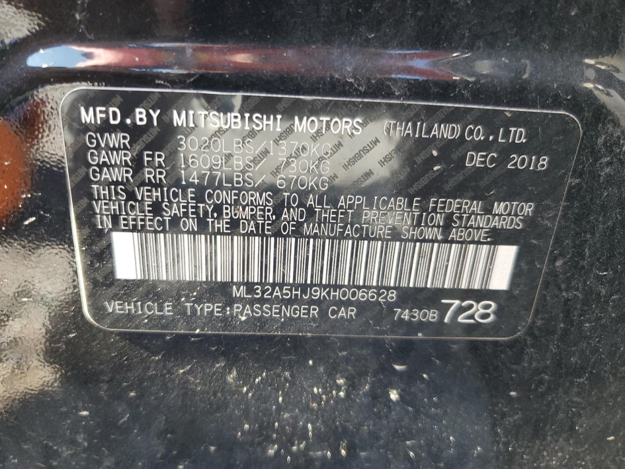 2019 Mitsubishi Mirage Le VIN: ML32A5HJ9KH006628 Lot: 56440954