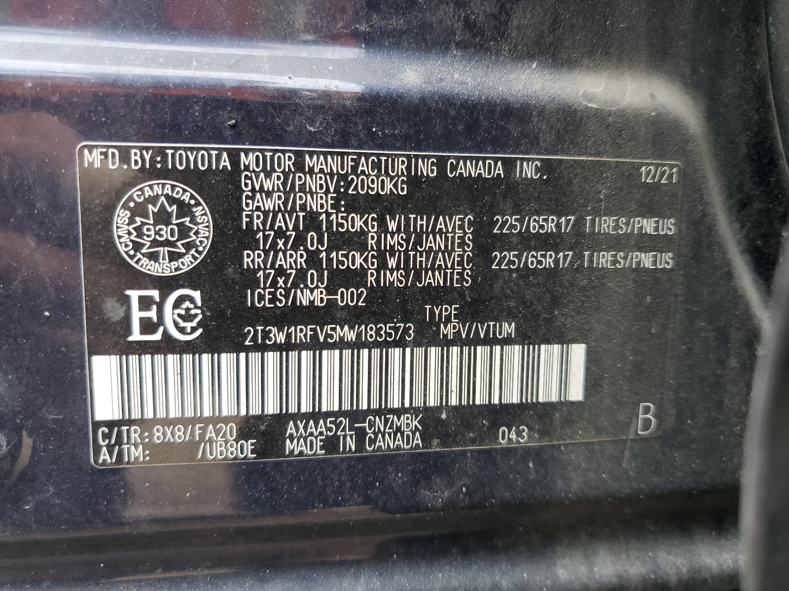2T3W1RFV5MW183573 2021 Toyota Rav4 Xle