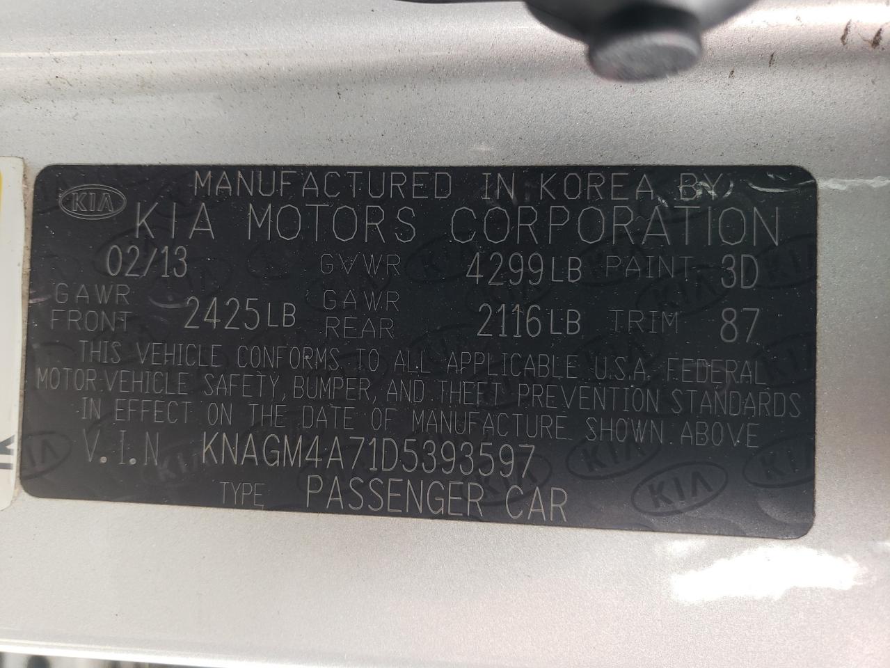 2013 Kia Optima Lx VIN: KNAGM4A71D5393597 Lot: 64729695