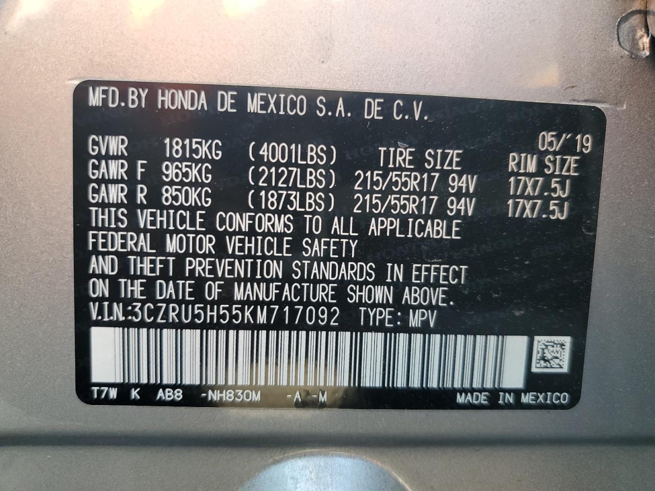 2019 Honda Hr-V Ex VIN: 3CZRU5H55KM717092 Lot: 63721514