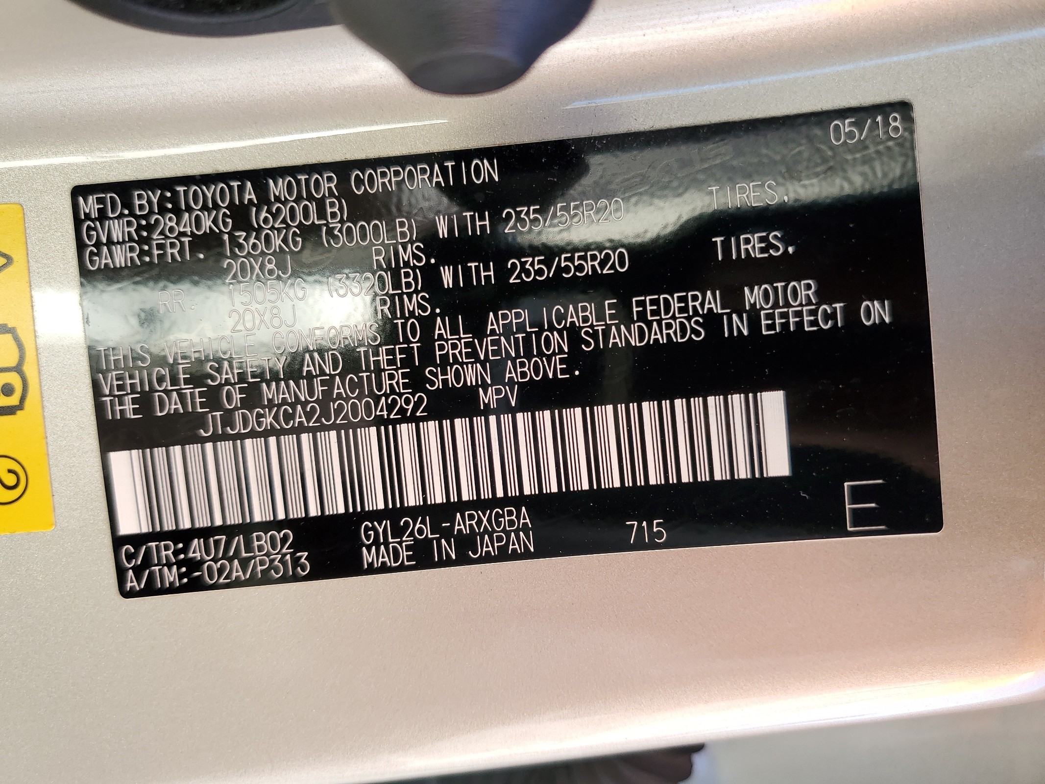 JTJDGKCA2J2004292 2018 Lexus Rx 450H L Base