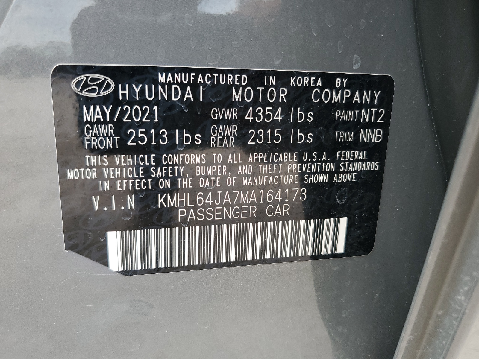 2021 Hyundai Sonata Sel vin: KMHL64JA7MA164173