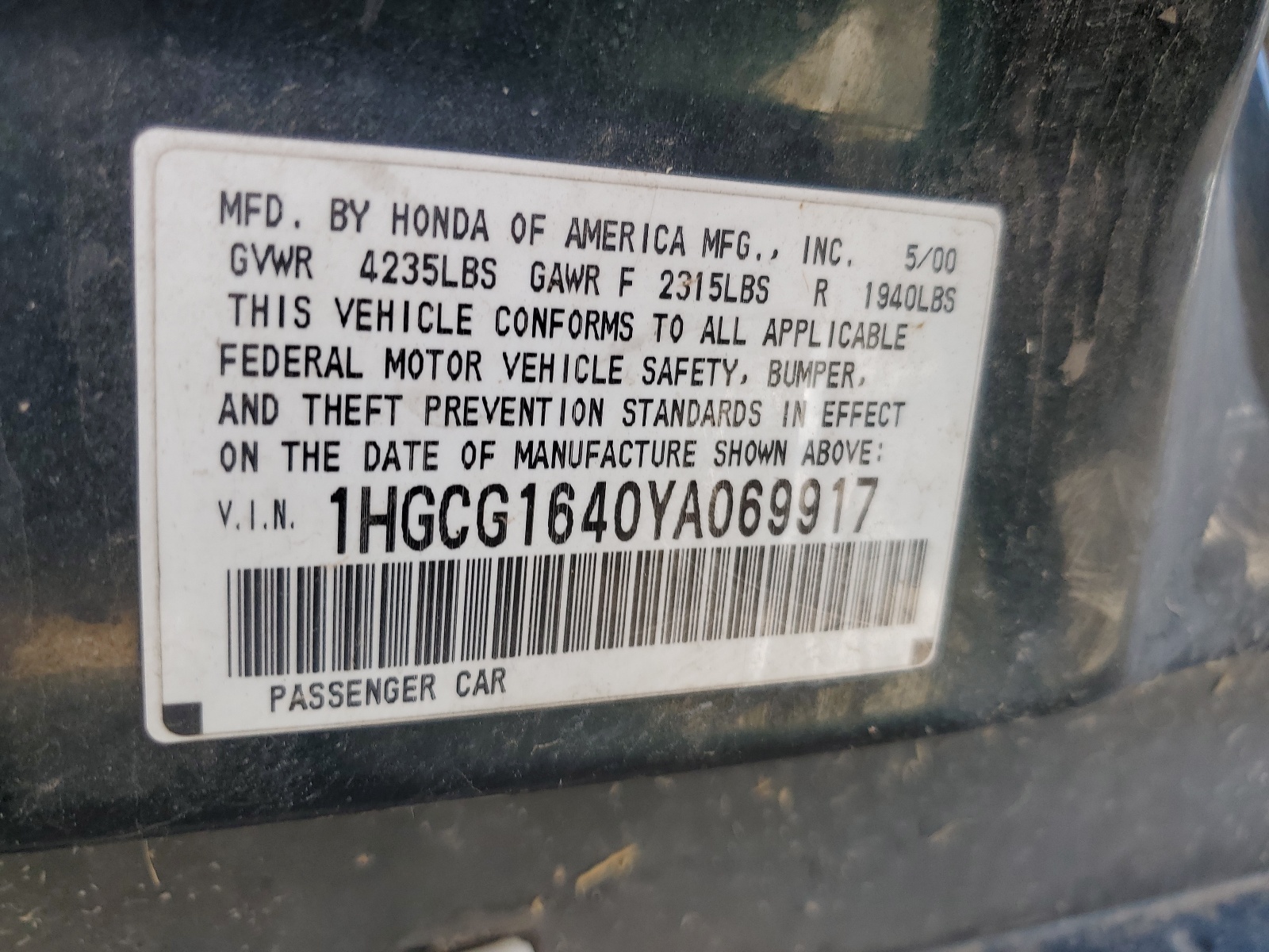 1HGCG1640YA069917 2000 Honda Accord Lx